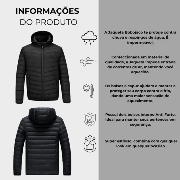 Jaqueta Puffer Bobojaco Masculina Casaco Corta Vento Acolchoada Impermeável Bolsos Capuz Removível