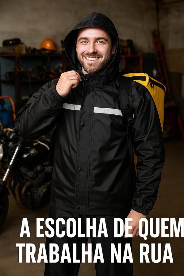 1767174038_61-OfzyHeKL._AC_SL1500_.jpg Capa de Chuva Motoqueiro Impermeável Emborrachada com Capuz, Faixa Refletiva, Jaqueta com Zíper e Botão + Calça – Ideal para Motociclistas, Entregadores e Uso Urbano