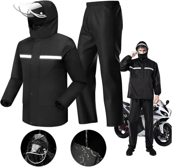1767174040_61lvyWVaY1L._AC_SL1199_.jpg Capa de Chuva Motoqueiro Impermeável Emborrachada com Capuz, Faixa Refletiva, Jaqueta com Zíper e Botão + Calça – Ideal para Motociclistas, Entregadores e Uso Urbano