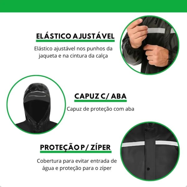 1767174041_616r1Kb3YnL._AC_SL1200_.jpg Capa de Chuva Motoqueiro Impermeável Emborrachada com Capuz, Faixa Refletiva, Jaqueta com Zíper e Botão + Calça – Ideal para Motociclistas, Entregadores e Uso Urbano