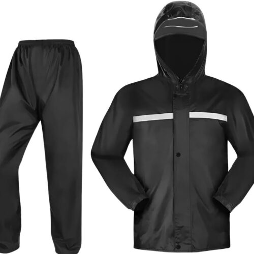 Capa de Chuva Motoqueiro Impermeável Emborrachada com Capuz, Faixa Refletiva, Jaqueta com Zíper e Botão + Calça – Ideal para Motociclistas, Entregadores e Uso Urbano