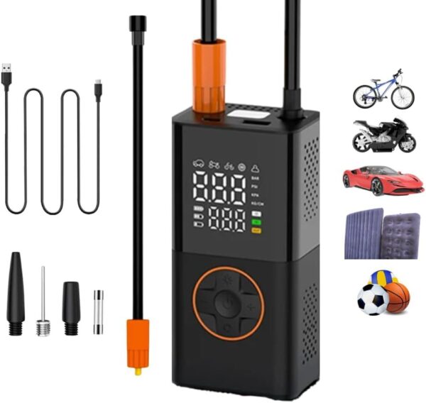 519DM4FA7zL._AC_SL1000_.jpg Bomba de Ar Portátil: Compressor Digital, 130 PSI, Bateria 4000mAh, Infla Pneus, Bolas, Colchões, Boias. Cabo USB-C, Carregador Veicular e Lanterna LED, Powerbank. Ideal para Carro, Moto e Bike!