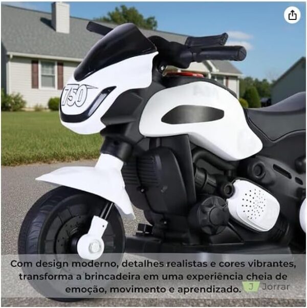 Moto Elétrica Infantil 6V, Branca, Plástico e Metal, 49x32,5x70cm, Bateria Recarregável, para Crianças Acima de 3 Anos, Suporta até 30kg