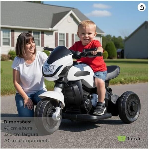Moto Elétrica Infantil 6V, Branca, Plástico e Metal, 49x32,5x70cm, Bateria Recarregável, para Crianças Acima de 3 Anos, Suporta até 30kg