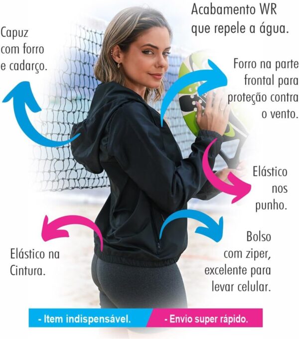 Jaqueta Feminina Corta Vento Impermeável com Forro e Capuz – Esportiva, Casual, Leve e Resistente à Água – Marca Lufran – Preta do P ao EG
