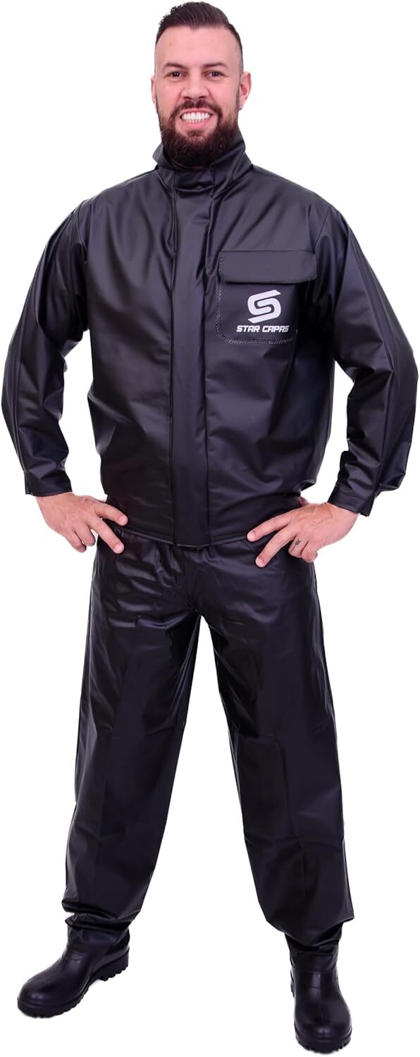 611USo51gqL._AC_SL1500_.jpg Capa De Chuva Motoqueiro Star Capas Impermeável Conjunto Jaqueta e Calça Motoqueiro Motociclista Motoboy Motogirl Impermeável Masculino e Feminino (BR, Alfa, P, Regular, Regular, Preto)