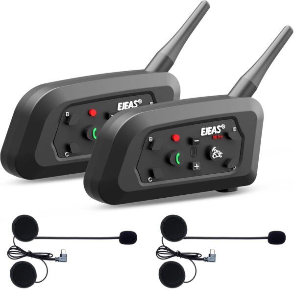 619uBewDTL._AC_SL1500_.jpg EJEAS Fone de ouvido Vnetphone V6 Bluetooth para motocicleta, 2 motociclistas intercom Bluetooth 5.1 sistema de comunicação com chamadas de mãos livres e redução de ruído para motociclismo, esqui e escalada (pacote com 2)