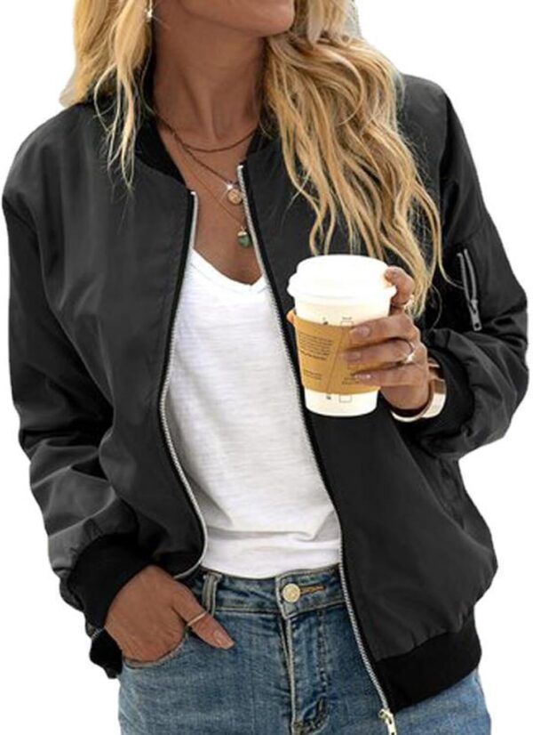 61ERj0uWEAL._AC_SL1500_.jpg Jaqueta feminina bomber casual com zíper, leve, corta-vento com bolsos, cor lisa, P-2GG