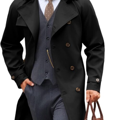 61KC2G1kgML._AC_SL1500_.jpg Runcati Sobretudo masculino trench coat transpassado lapela entalhada casual com cinto corta-vento outono clássico casaco longo