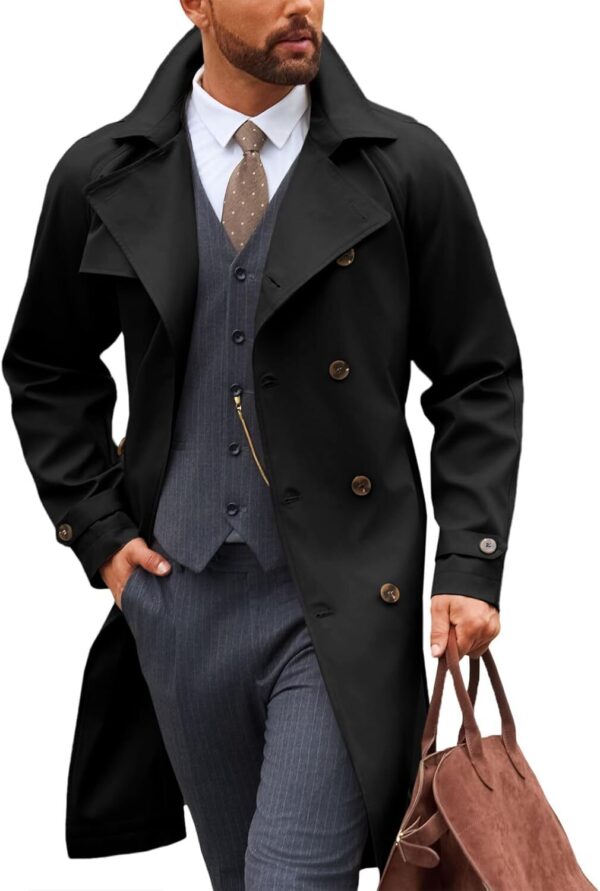 61KC2G1kgML._AC_SL1500_.jpg Runcati Sobretudo masculino trench coat transpassado lapela entalhada casual com cinto corta-vento outono clássico casaco longo