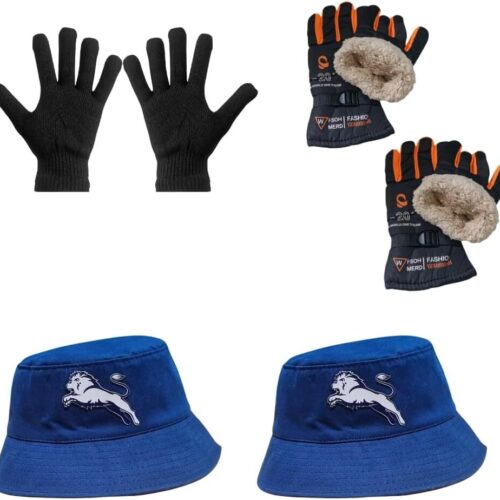 Luva Básica, Luva de Moto Forrada, Chapeu Bucket - Kit's (1 Luva Preta + 2 Luva de Moto Laranja + 2 Chapeu Azul)