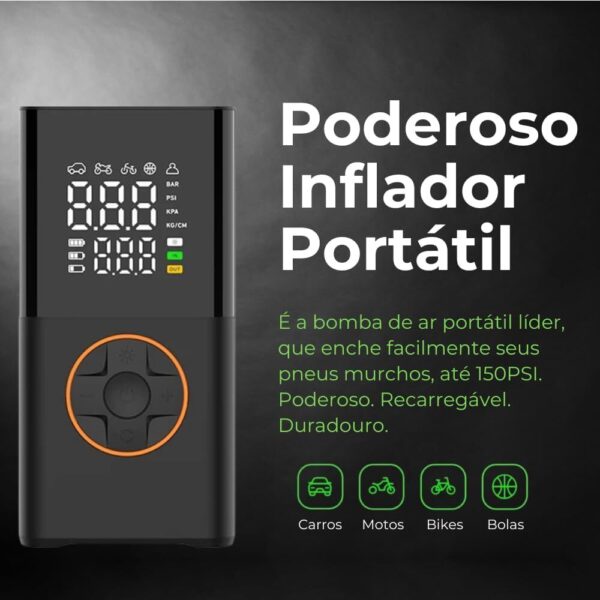 61MzmeirClL._AC_SL1000_.jpg Bomba de Ar Portátil: Compressor Digital, 130 PSI, Bateria 4000mAh, Infla Pneus, Bolas, Colchões, Boias. Cabo USB-C, Carregador Veicular e Lanterna LED, Powerbank. Ideal para Carro, Moto e Bike!
