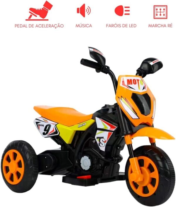 Moto Elétrica Infantil Laranja Farol Led Acelerador Pedal Ré