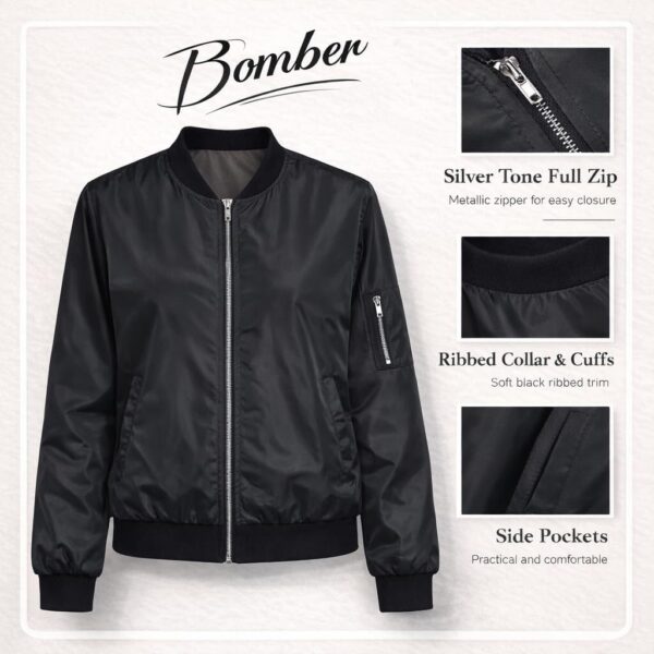 61TLQTQdaLL._AC_SL1024_.jpg Jaqueta feminina bomber casual com zíper, leve, corta-vento com bolsos, cor lisa, P-2GG