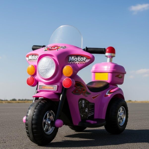 61nUv2nUApL._AC_SL1200_.jpg Mini Moto Elétrica 6v Polícia Menina Com Luz Som E Baú Rosa