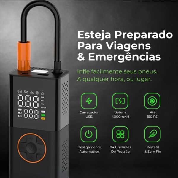 61wjdOm0NL._AC_SL1000_.jpg Bomba de Ar Portátil: Compressor Digital, 130 PSI, Bateria 4000mAh, Infla Pneus, Bolas, Colchões, Boias. Cabo USB-C, Carregador Veicular e Lanterna LED, Powerbank. Ideal para Carro, Moto e Bike!