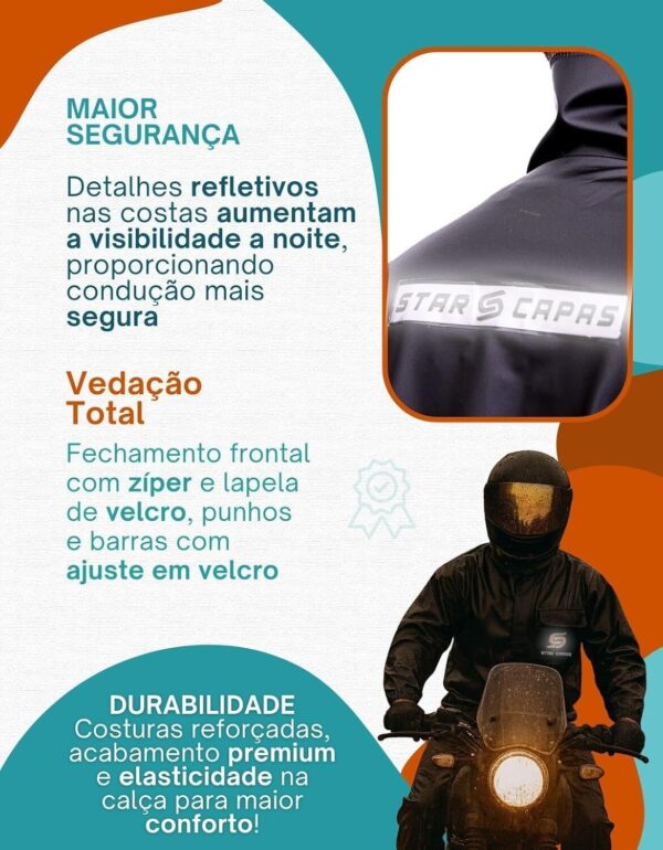 71Art3mMf9L._AC_SL1500_.jpg Capa De Chuva Motoqueiro Star Capas Impermeável Conjunto Jaqueta e Calça Motoqueiro Motociclista Motoboy Motogirl Impermeável Masculino e Feminino (BR, Alfa, P, Regular, Regular, Preto)