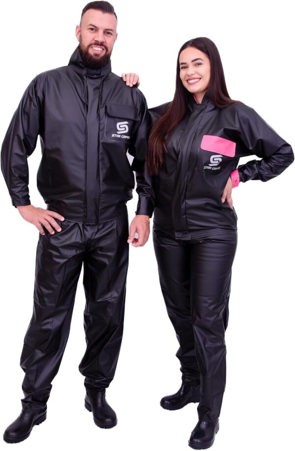71Fq3B0hPNL._AC_SL1500_.jpg Capa De Chuva Motoqueiro Star Capas Impermeável Conjunto Jaqueta e Calça Motoqueiro Motociclista Motoboy Motogirl Impermeável Masculino e Feminino (BR, Alfa, P, Regular, Regular, Preto)