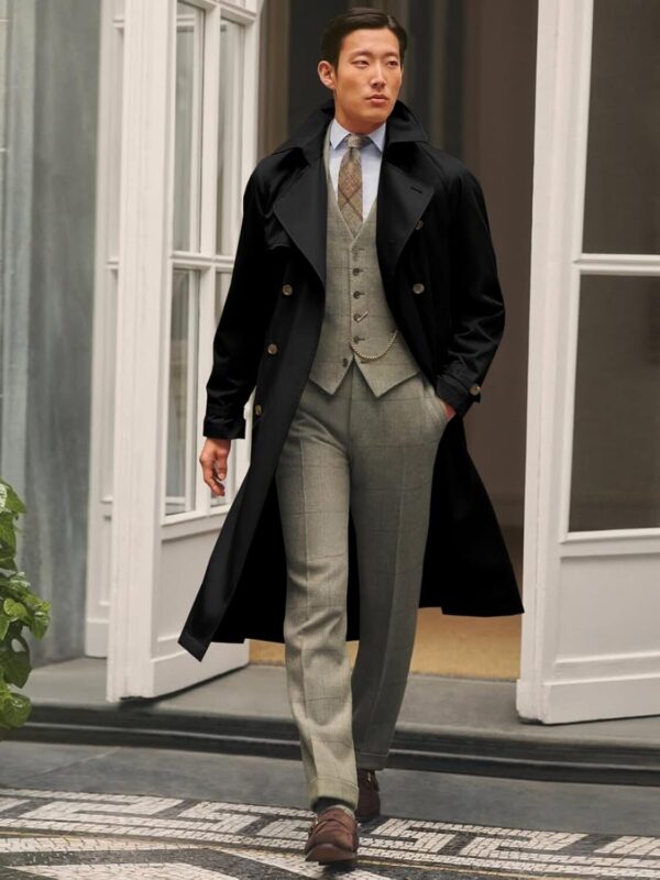 71LDg76iNlL._AC_SL1500_.jpg Runcati Sobretudo masculino trench coat transpassado lapela entalhada casual com cinto corta-vento outono clássico casaco longo