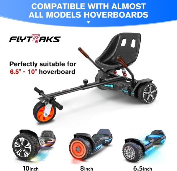 71obzynsgqL._AC_SL1500_.jpg K2 Hoverboard Go Kart com absorção de choque traseiro, acessório de fixação para assento de hoverboard para placa de flutuação de 16,5 cm, 20,3 cm, 25,4 cm, comprimento da moldura ajustável e roda de borracha off-road