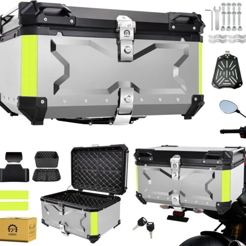 Bau para Moto de Alumínio - Baú Moto Bauleto 65 Litros Modelo Universal, Alto Volume Impermeável, trava dupla para proteção contra roubo (Prata)