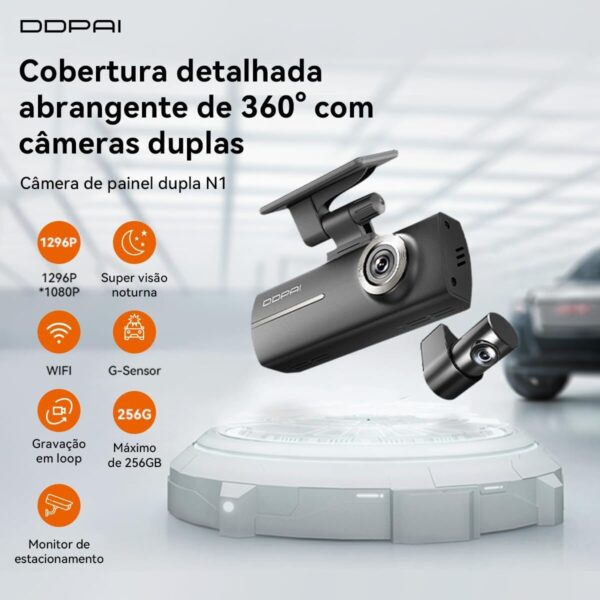 1767757348_61aV2PQ-juL._AC_SL1200_.jpg DDPAI N1 Dual Câmera Veicular Frontal Traseira 1296P+1080P, Dachcam com WiFi, Câmera para Carro com Visão Noturna, Aplicativo, Supercapacitor, Gravação em Loops, Estacionamento 24H (N1+128G Cartão SD)