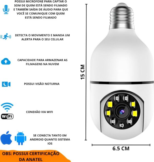 Kit 2 Câmeras Lâmpadas de Segurança Ip Wifi 360 Giratória Visão Noturna Full Hd Com Sensor de Movimento e Infravermelho