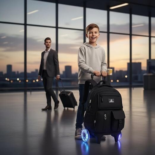 41Mwc5l7BBL._AC_.jpg Mochila Escolar com Rodinhas, Unissex, Reforçada, Múltiplos Compartimentos, com Alça de Carrinho regulavel, para Crianças 6-12 Anos