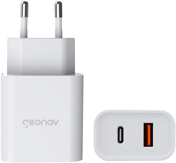 41oYXkhMCKL._AC_SL1000_.jpg Geonav Carregador Universal Ultra Rápido Duo, 1 X USB-C Power Delivery 20W, 1 X USB Quick Charge 18W, CH20PDQC, Branco