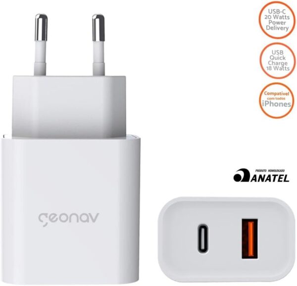 41qxAc7E3eL._AC_SL1000_.jpg Geonav Carregador Universal Ultra Rápido Duo, 1 X USB-C Power Delivery 20W, 1 X USB Quick Charge 18W, CH20PDQC, Branco