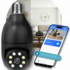 Câmera de Segurança Preta, Bocal, Lâmpada, IP WiFi 360º, Visão Noturna, Sensor Movimento, Com Áudio, Areas Externas e Internas, Camera para Celular