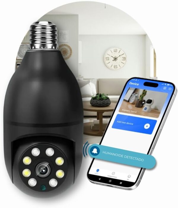 Câmera de Segurança Preta, Bocal, Lâmpada, IP WiFi 360º, Visão Noturna, Sensor Movimento, Com Áudio, Areas Externas e Internas, Camera para Celular