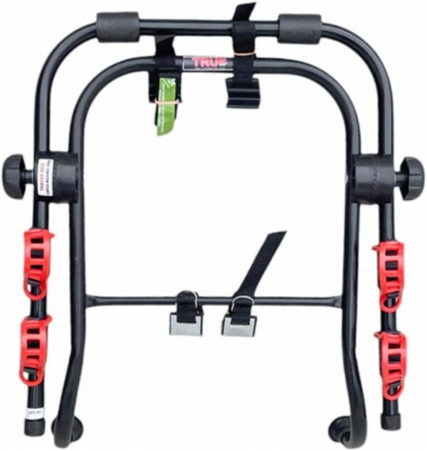 Suporte Transbik Universal para Bicicleta, Compatível com Sedan, Hatch, SUV, Estrutura de Metal Preto com Fixadores Vermelhos, Montagem Traseira