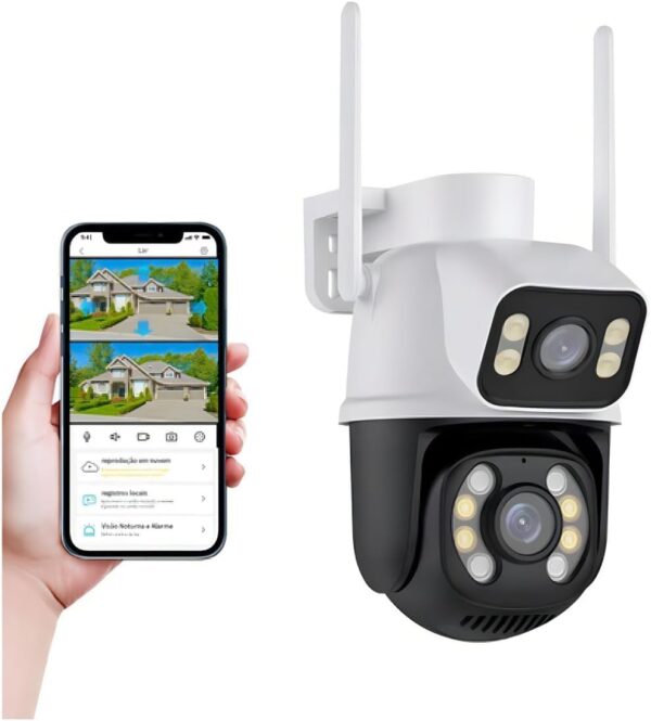 Câmera de Segurança WiFi Externa HD 3MP, IP Sem Fio com Visão Noturna Infravermelha, Dupla Lente Grande Angular, À Prova D'Água IP66, Detecção de Movimento e Áudio Bidirecional