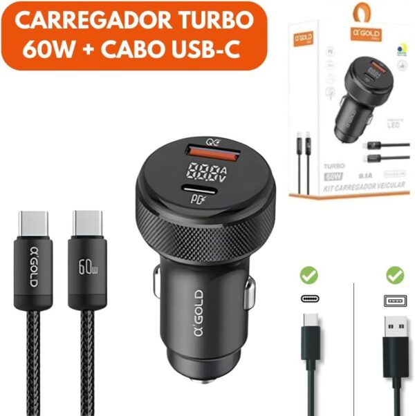 51D9OoRSlgL._AC_SL1000_.jpg Carregador Veicular Turbo 60W Para Automóvel Carregador de Carro Duas Entradas com Carregamento Super Rápido + Cabo USB-C Premium Compatível Com Dispositivos IOS e Android