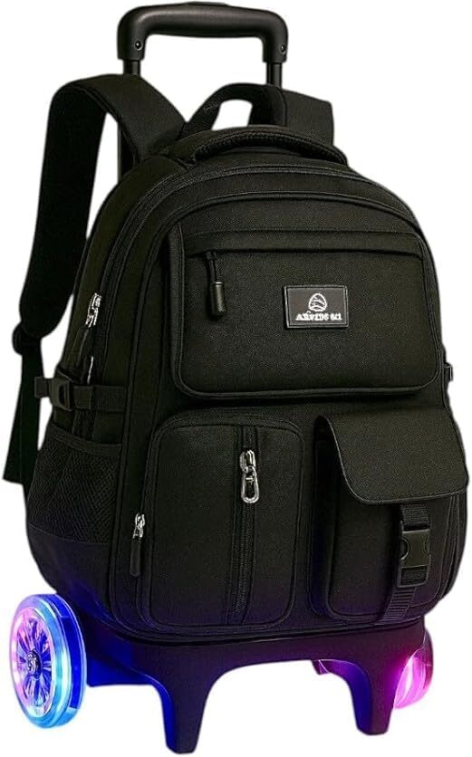 51G9ifJEi9L._AC_.jpg Mochila Escolar com Rodinhas, Unissex, Reforçada, Múltiplos Compartimentos, com Alça de Carrinho regulavel, para Crianças 6-12 Anos