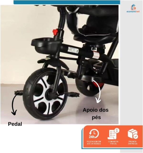 Triciclo Infantil Bebê Baby Style 2 em 1 com Assento Giratório 360°, Capota Removível e Haste de Empurrar – Certificado INMETRO (Preto)