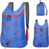 Mochila de caminhada dobrável com bolso frontal impermeável com zíper, mochila leve de hidratação, mochila de água para caminhadas diurnas, passeios, ciclismo rave para homens e mulheres, azul