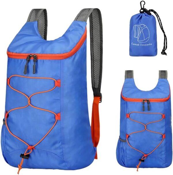 Mochila de caminhada dobrável com bolso frontal impermeável com zíper, mochila leve de hidratação, mochila de água para caminhadas diurnas, passeios, ciclismo rave para homens e mulheres, azul