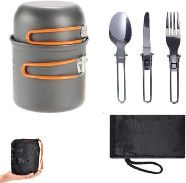 Kit Panelas Alumínio Táticas Compactas Camping trekking Pesca 2 Pçs + Talheres 3 Pçs
