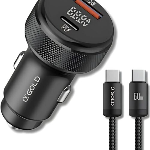 51ozVrHvIML._AC_SL1000_.jpg Carregador Veicular Turbo 60W Para Automóvel Carregador de Carro Duas Entradas com Carregamento Super Rápido + Cabo USB-C Premium Compatível Com Dispositivos IOS e Android