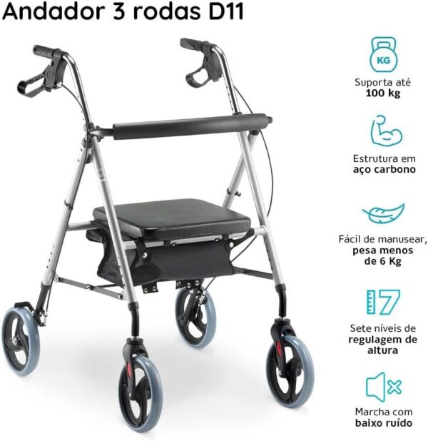51zGiZZVbOL._AC_SL1000_.jpg Andador de Alumínio Dobrável 4 Rodas com Assento suporta até 110kg D12 Dellamed