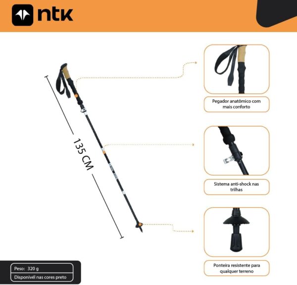 NTK, Bastão de Caminhada TREK RACE Alumínio 7075 135cm Trilhas e Aventuras, Preto
