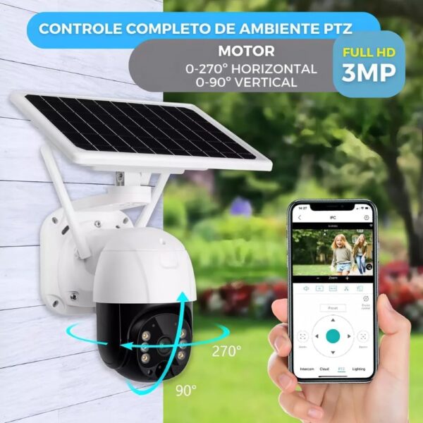 Câmera de Segurança Solar Wi-Fi 3MP Full HD à Prova D’água Visão Noturna 360° PTZ Detecção de Movimento Áudio Bidirecional Vigilância 24h Instalação Fácil Sem Fios App ICSEE
