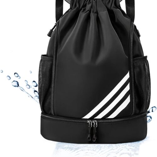 6114xLBudUL._AC_SL1500_.jpg Mochila Esportiva com Cordão, Separação seca e húmida, Mochila de grande capacidade para viagens de lazer, Bolsos Laterais em Malha, Preto com Listras