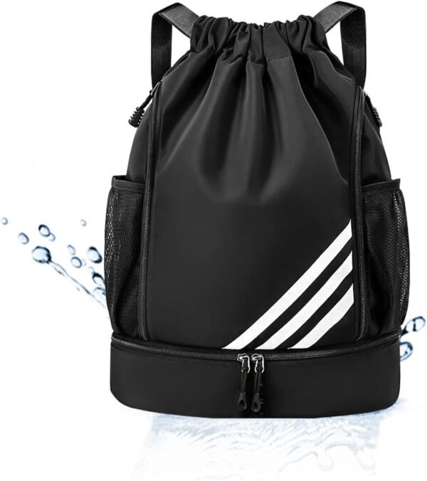 6114xLBudUL._AC_SL1500_.jpg Mochila Esportiva com Cordão, Separação seca e húmida, Mochila de grande capacidade para viagens de lazer, Bolsos Laterais em Malha, Preto com Listras