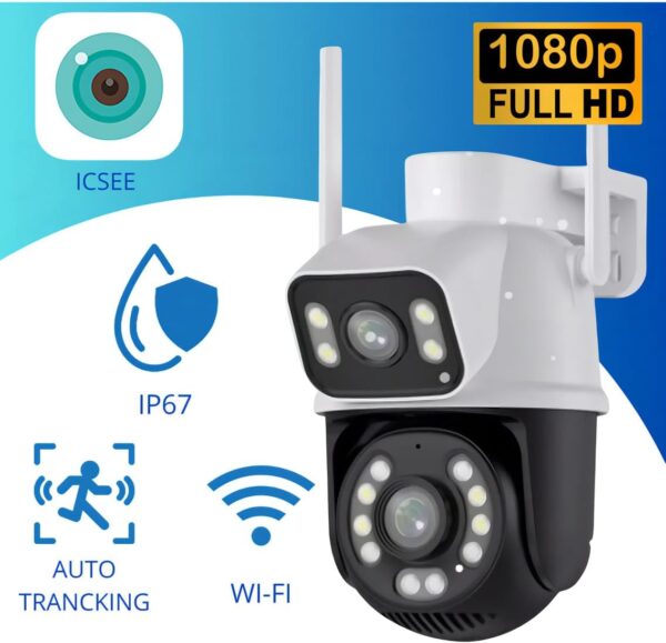 Câmera de Segurança WiFi Externa HD 3MP, IP Sem Fio com Visão Noturna Infravermelha, Dupla Lente Grande Angular, À Prova D'Água IP66, Detecção de Movimento e Áudio Bidirecional