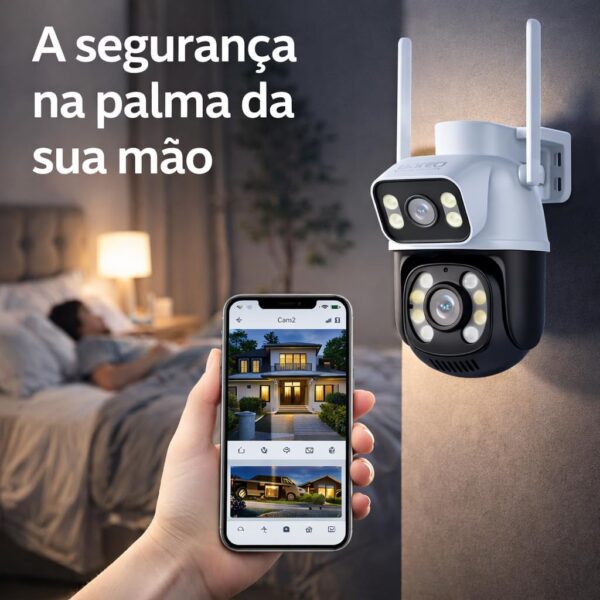 Câmera de Segurança WiFi Externa HD 3MP, IP Sem Fio com Visão Noturna Infravermelha, Dupla Lente Grande Angular, À Prova D'Água IP66, Detecção de Movimento e Áudio Bidirecional