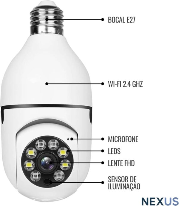 Câmera de Segurança Lâmpada WiFi IP Full HD 1080p com Rotação 360°, Visão Noturna, Detecção de Movimento, Áudio Bidirecional, Conexão 2.4G, Bocal E27, Bivolt