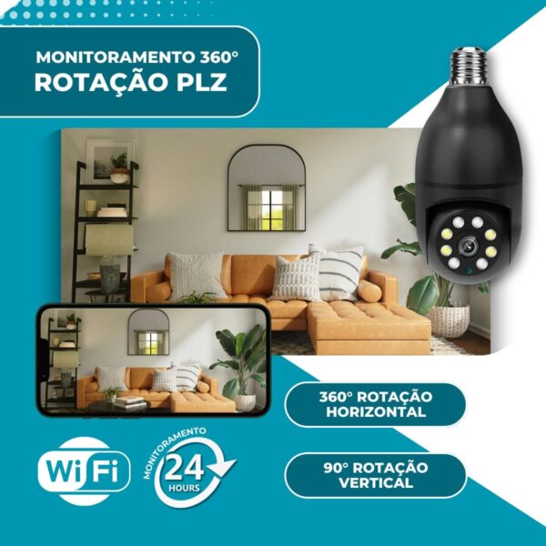 Câmera de Segurança Preta, Bocal, Lâmpada, IP WiFi 360º, Visão Noturna, Sensor Movimento, Com Áudio, Areas Externas e Internas, Camera para Celular